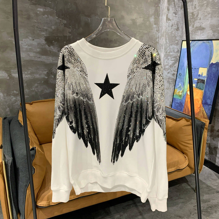 Hot Stamping Diamond Large Wings Round Neck Sweatshirt