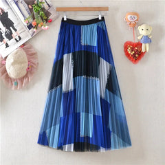Patchwork Pleated Mesh A-line Skirt