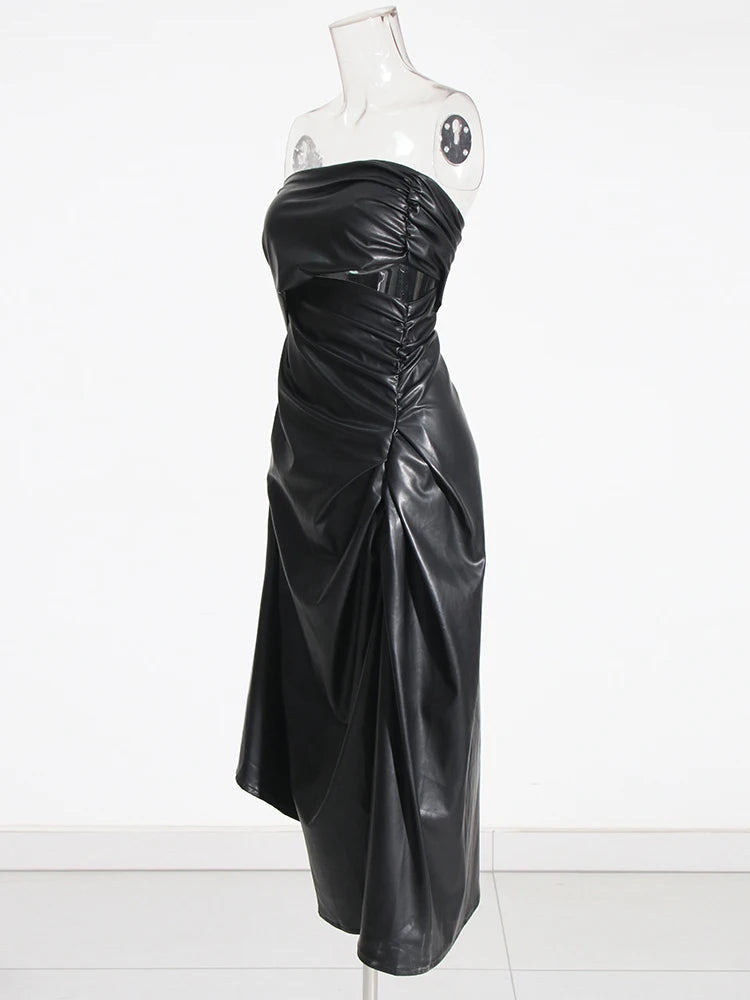 Strapless Ruched Faux Leather Dress