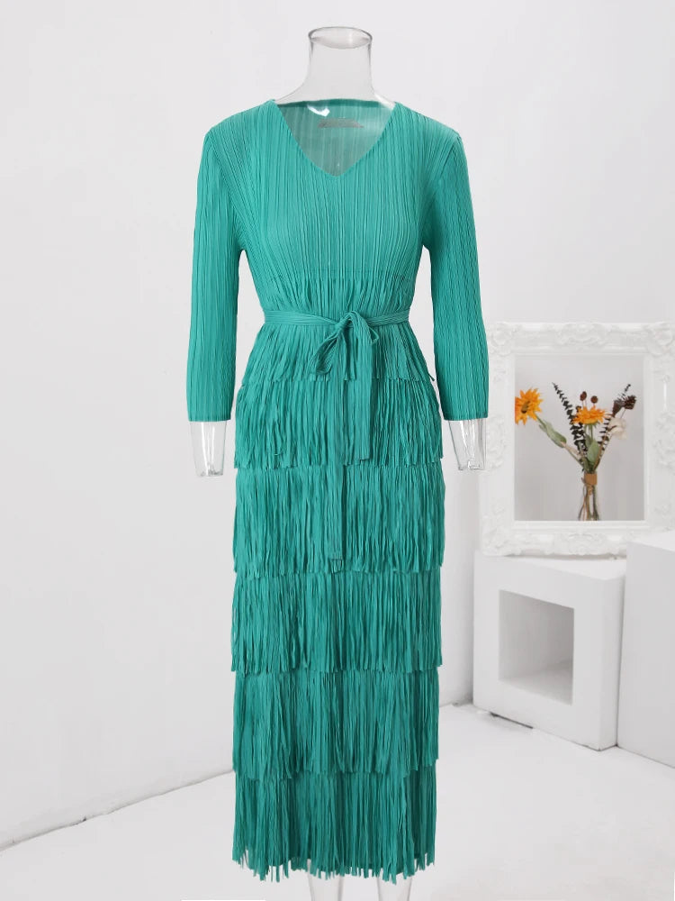 Solid Pleated Fringe Dress