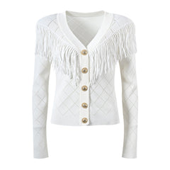 Diamond Grid V-Neck Tassel Slim Fit Cardigan