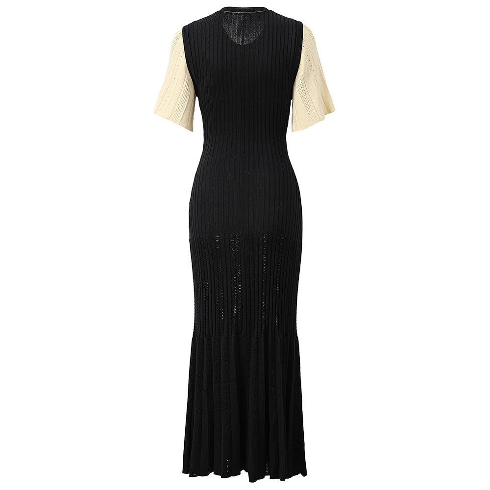 Color Block Short Sleeve Button-Up Long Dress