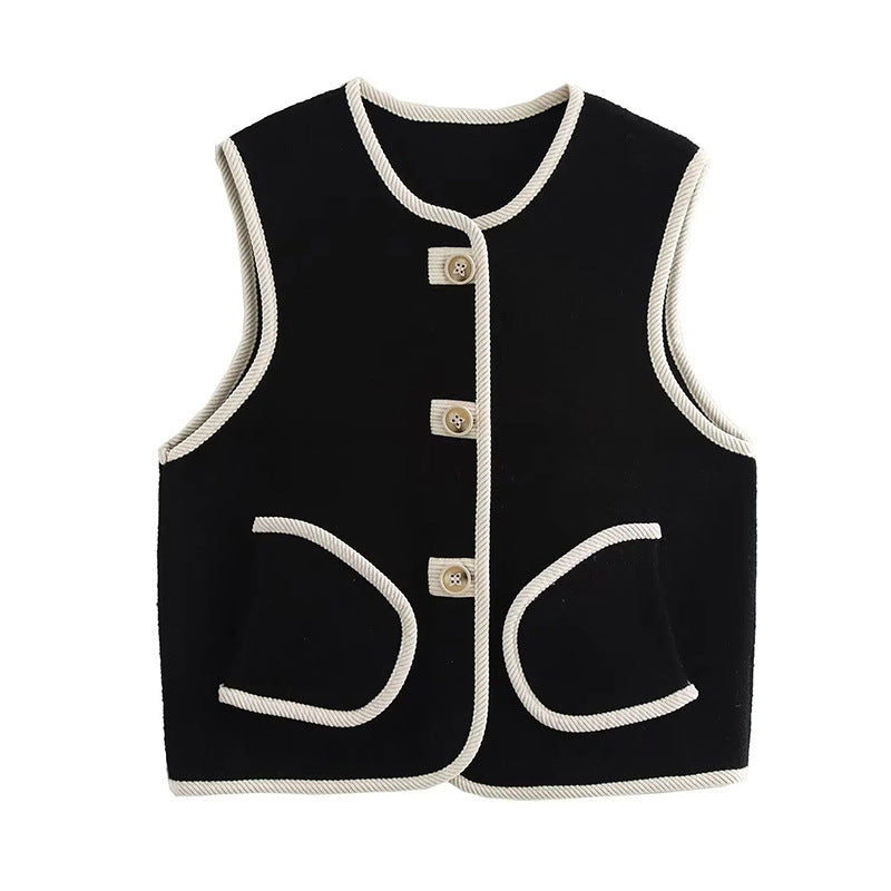 Loose Fit Sleeveless Trimmed Pocket  Pearl Fleece Vest