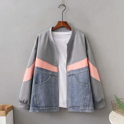 Denim Spliced Cotton Zip-Up Jacket