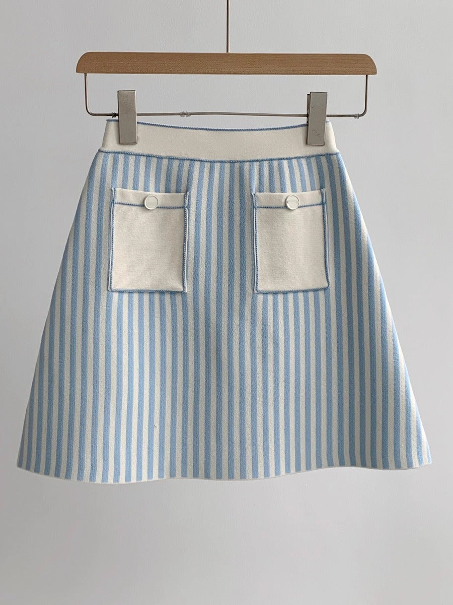 Striped Short Knitted Vest + A-Line Skirt