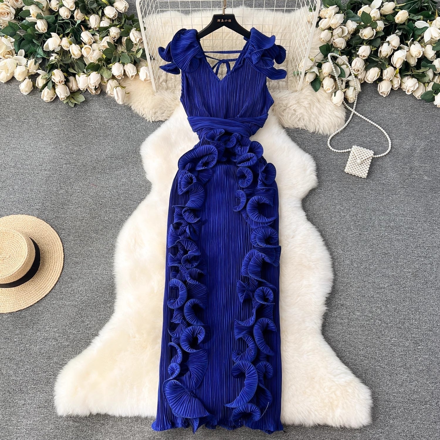 Pleated Ruffle Edge Slim Fit Dress