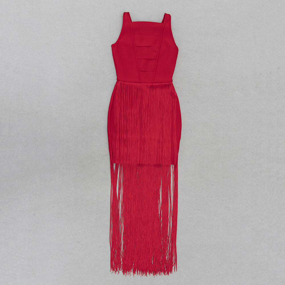 Hollowed-Out Tassel Mid-Back Dress