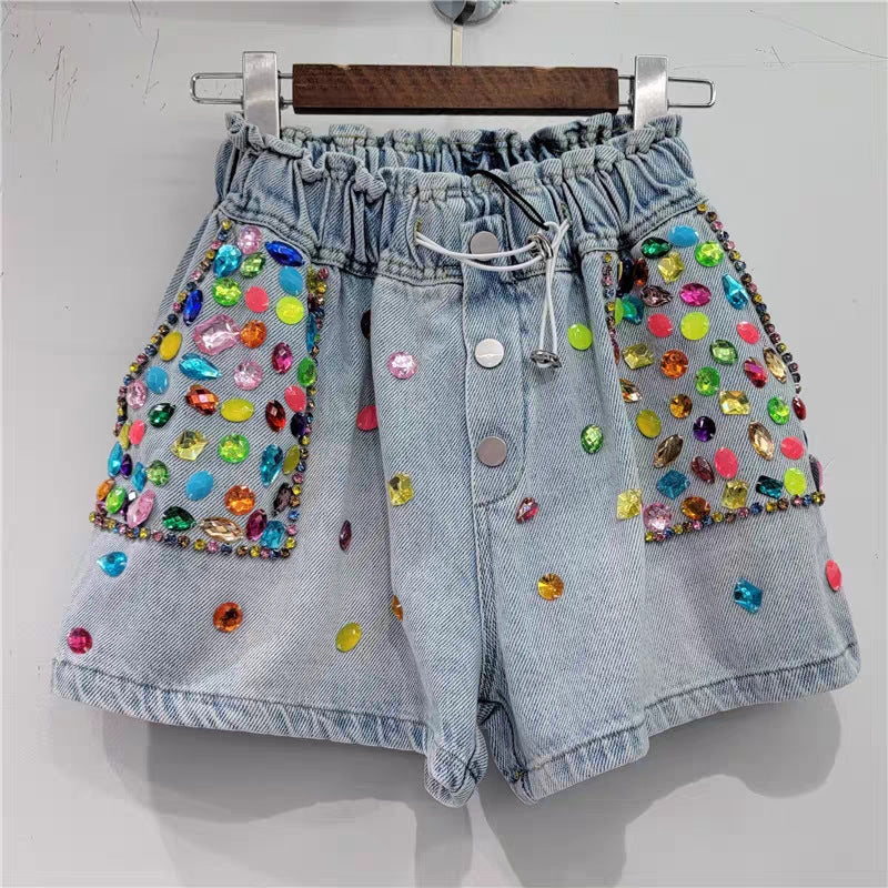 Vintage Color Crystal Diamond Denim Shorts