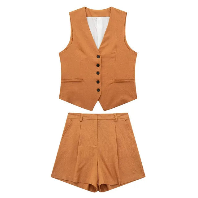 Solid Button Sleeveless Linen Vest + Shorts Set