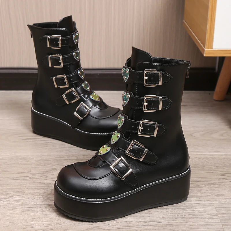 Buckles Goth Platform Motorcycle Boots