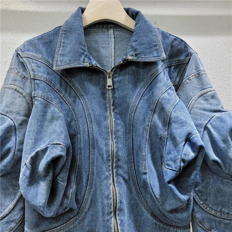 Casual Puff Sleeve Zip Denim Jacket