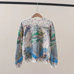 Art Print Sailboat Retro Round Neck Knitted Sweater