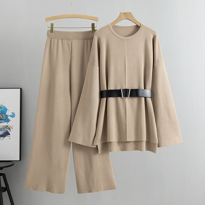 Knitted Loose Belted Sweater + Wide Leg Pants Set
