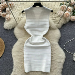 Solid Sleeveless Pleated Hip Hugging Knitted Dress