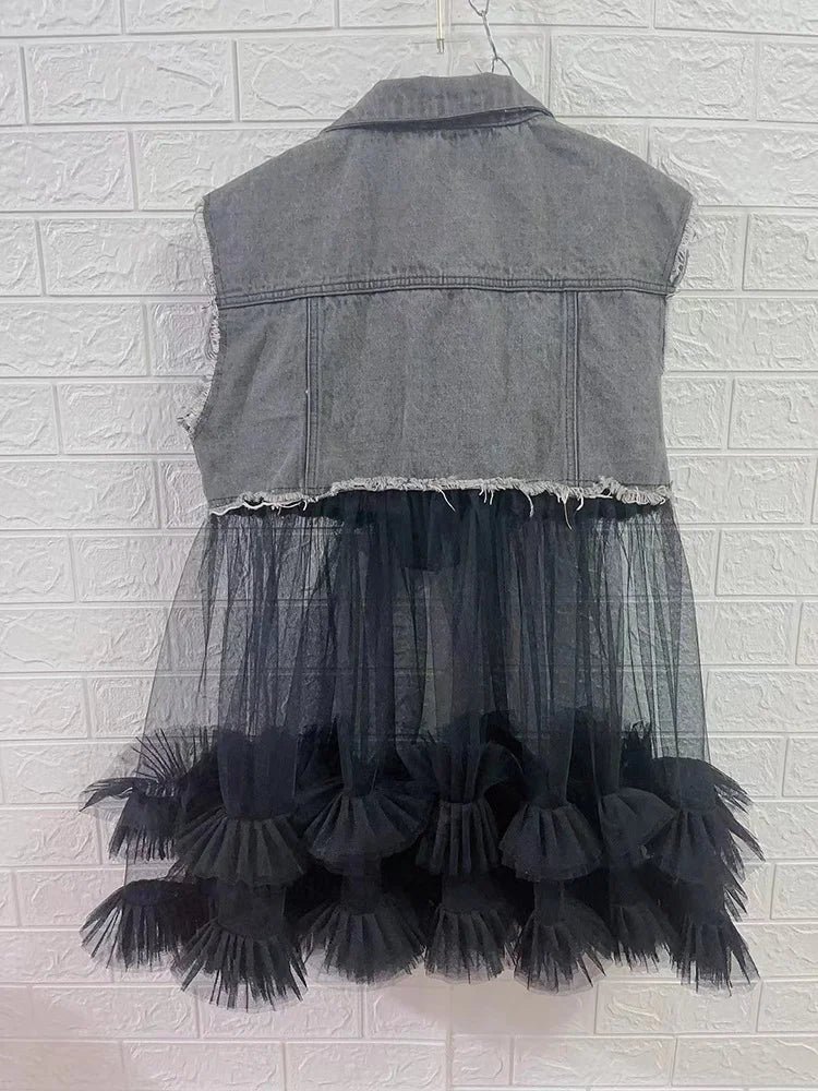 Denim Vest Mesh Spliced Rivet Burrs Gray Dress