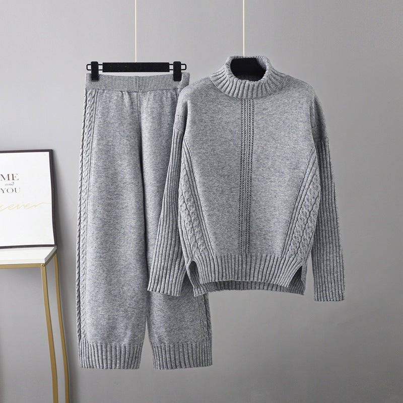 Casual Thick Turtleneck Knit Sweater + Wide Leg Knit Pants