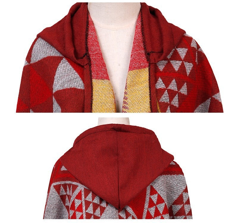 Hooded Cape Plaid Knitted Shawl Scarf