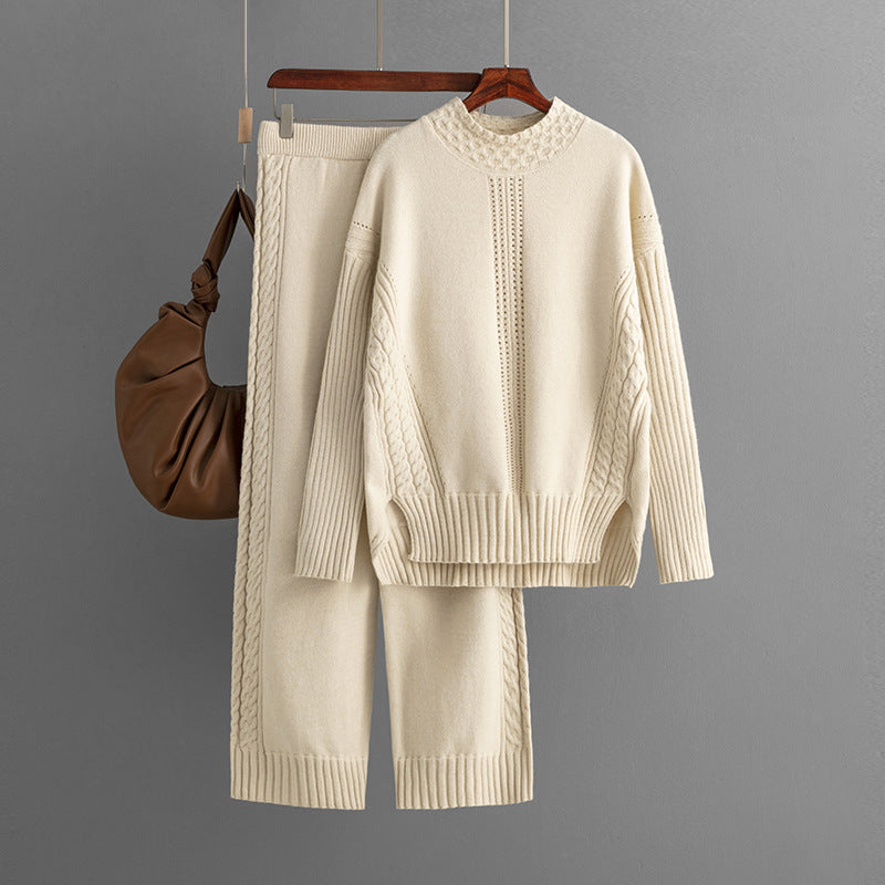 Casual Solid Loose Knit Sweater + Pants Set