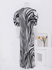 Puff Sleeve Animal Print Round Neck Pleated Dress
