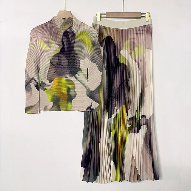 Stand Collar Top+Pleated Skirt Set