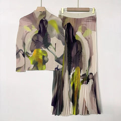 Stand Collar Top+Pleated Skirt Set