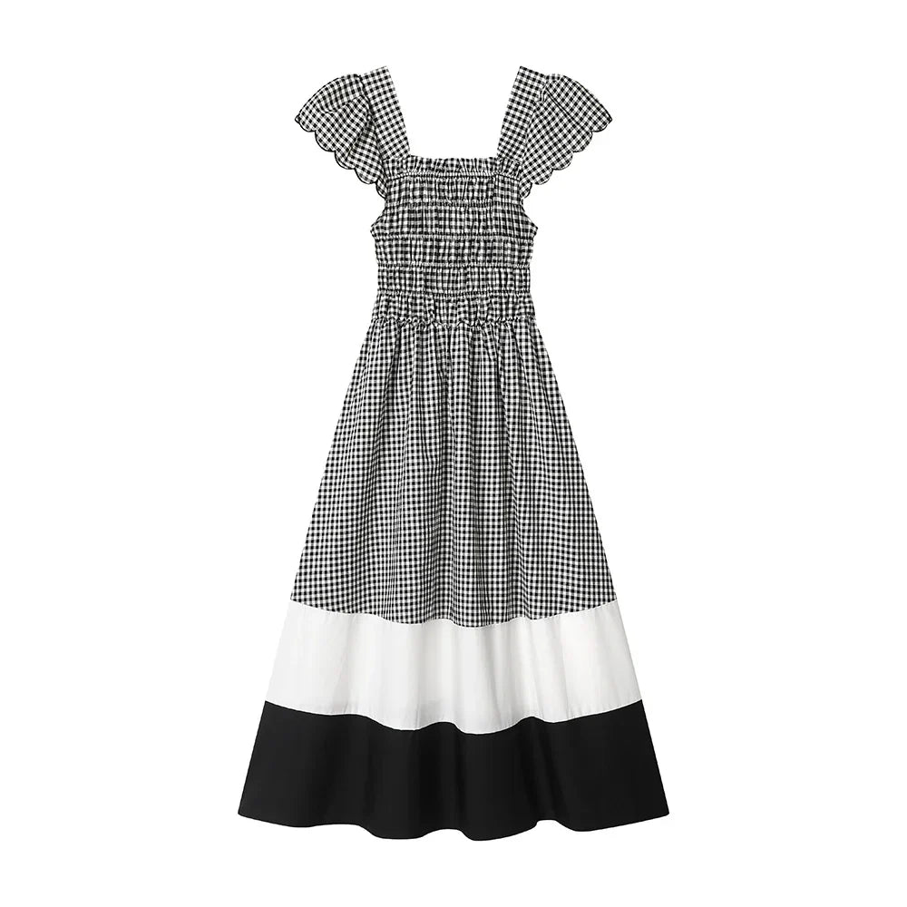 Square Neck Short Sleeve Spliced Plaid Dress