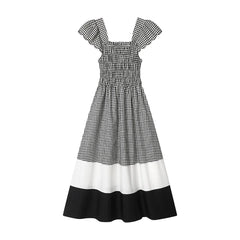 Square Neck Short Sleeve Spliced Plaid Dress