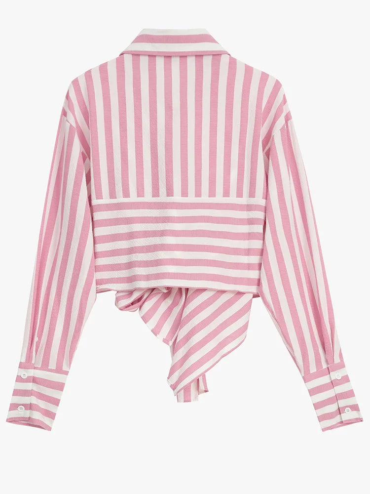 Casual Pink Striped Bow Blouse