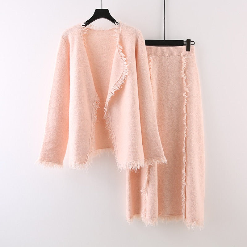 Solid Woven Loose Cardigan + Woven Skirt Set