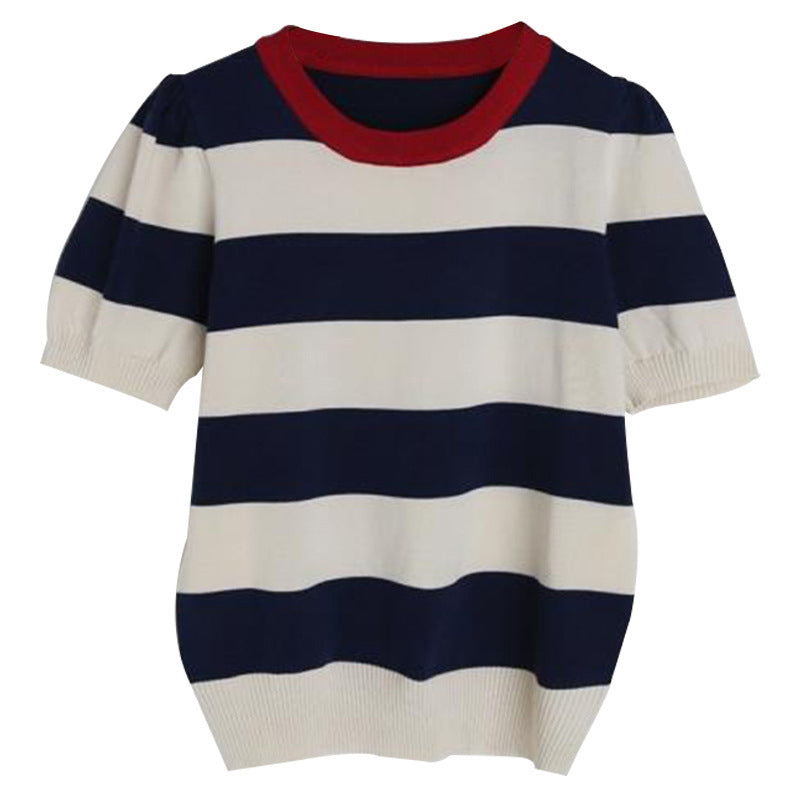 Striped Short Sleeve Round Neck Knitted T-Shirt