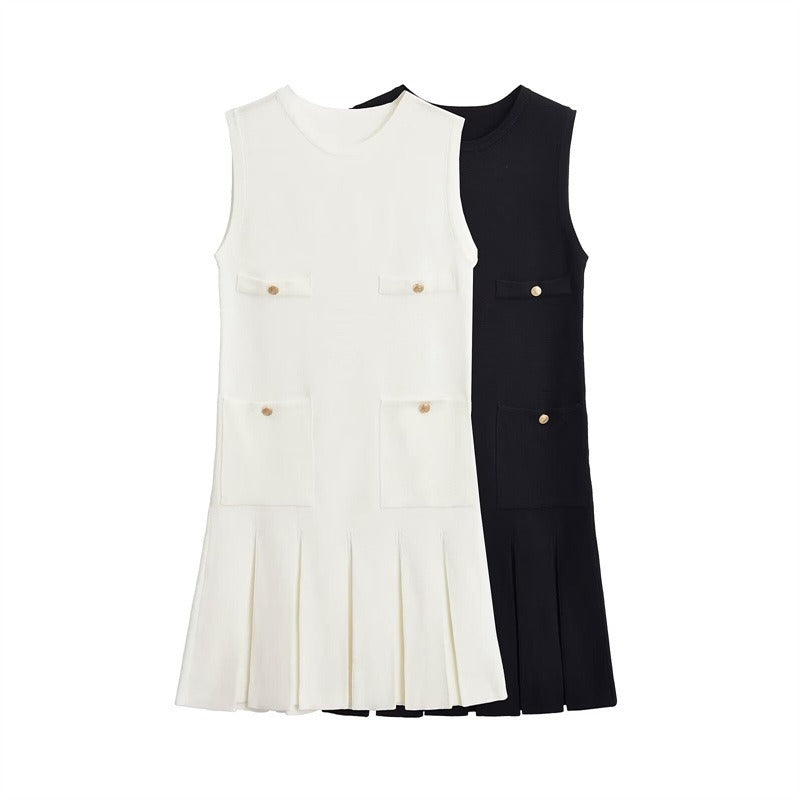 Knit Wide Pleated Button Mini Dress