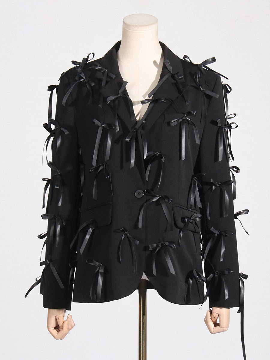 Spliced V-Neck 3D Bow Long Sleeved Blazer Jacket