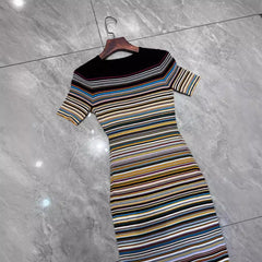 Color Stripes Round Neck Short Sleeved Knitted Dress