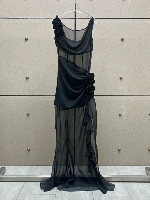 Sleeveless See Through 3D Flower Maxi Dress