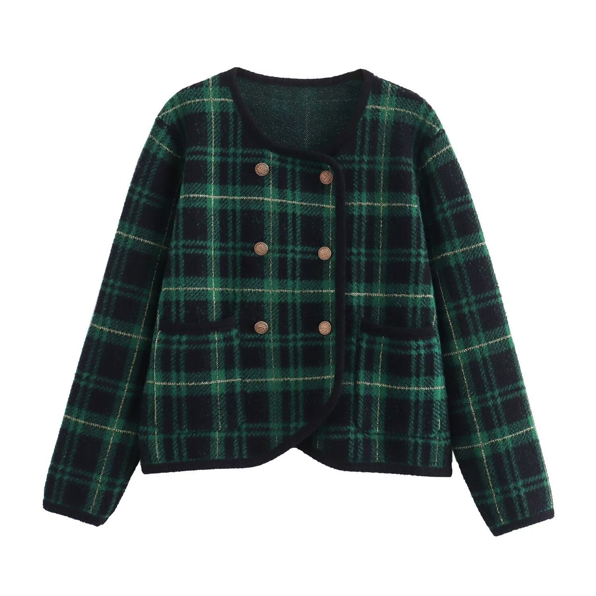 Green Checkered Double Breasted Knitted Cardigan