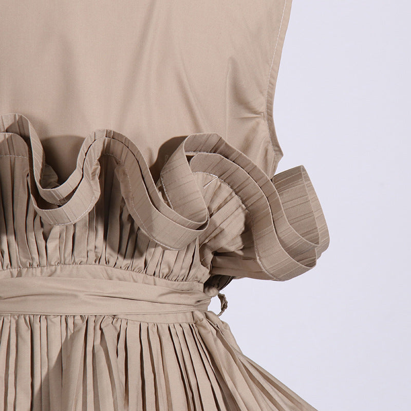 Khaki V-Neck Pleated Sleeveless Top