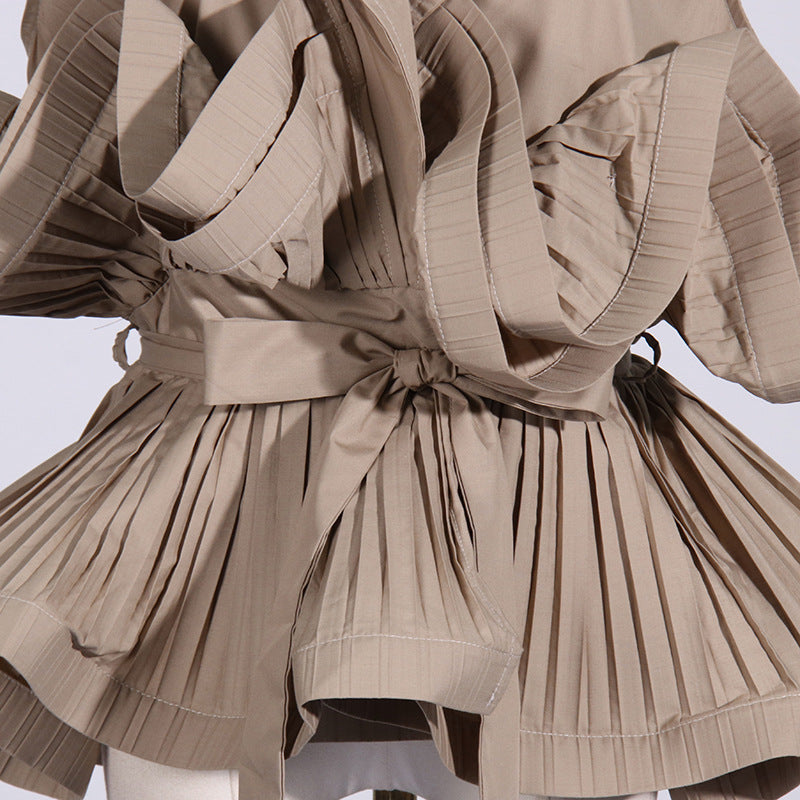 Khaki V-Neck Pleated Sleeveless Top