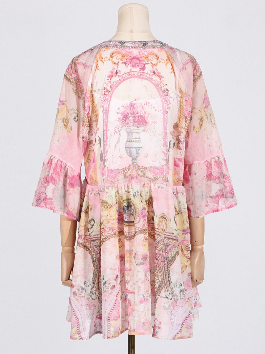 Retro Print Ruffle Edge Dress