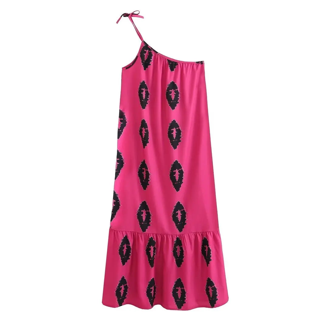 Asymmetric Neckline Printed Midi Dress