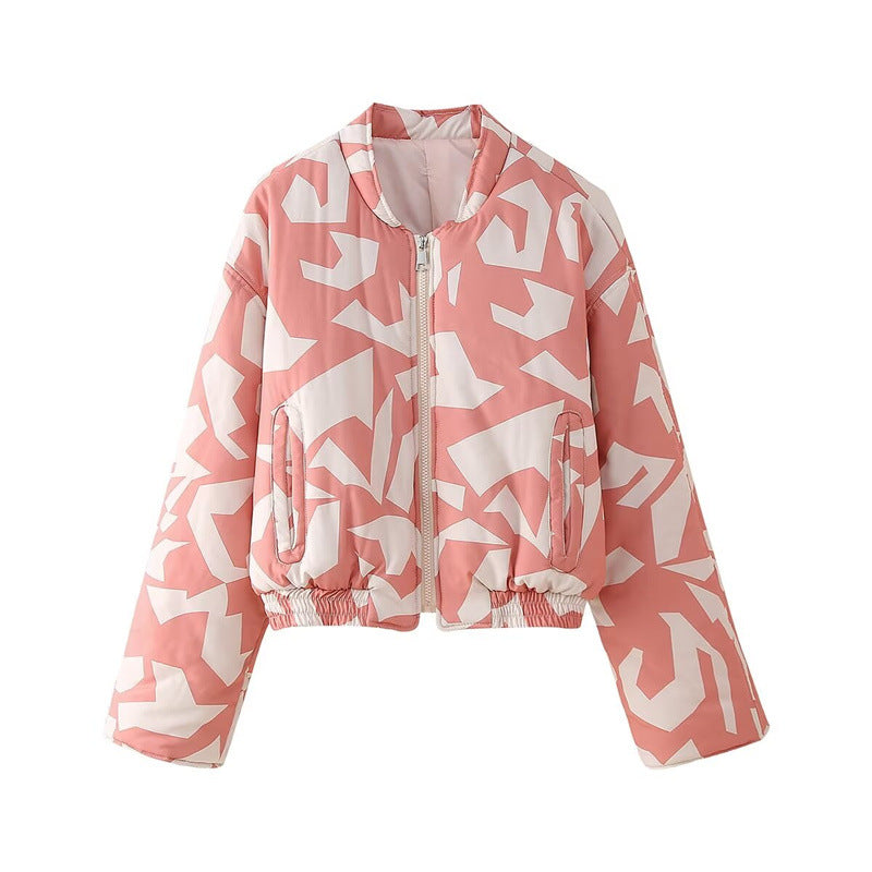 Casual Round Neck Printed Zipper Cotton Jacket