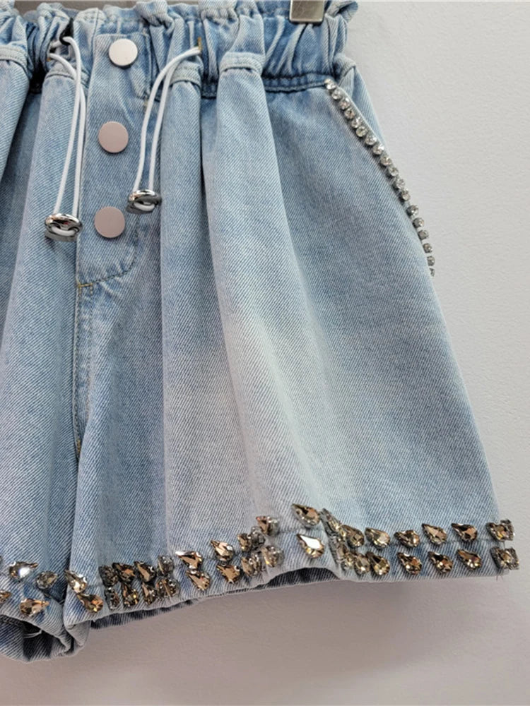 Diamond Studded High Waist Wide Leg Denim Shorts