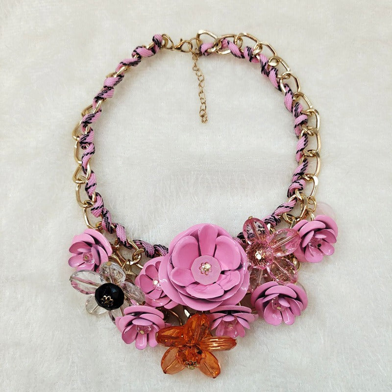 Colorful Flower Gemstone Pendant Rope Braided Necklace