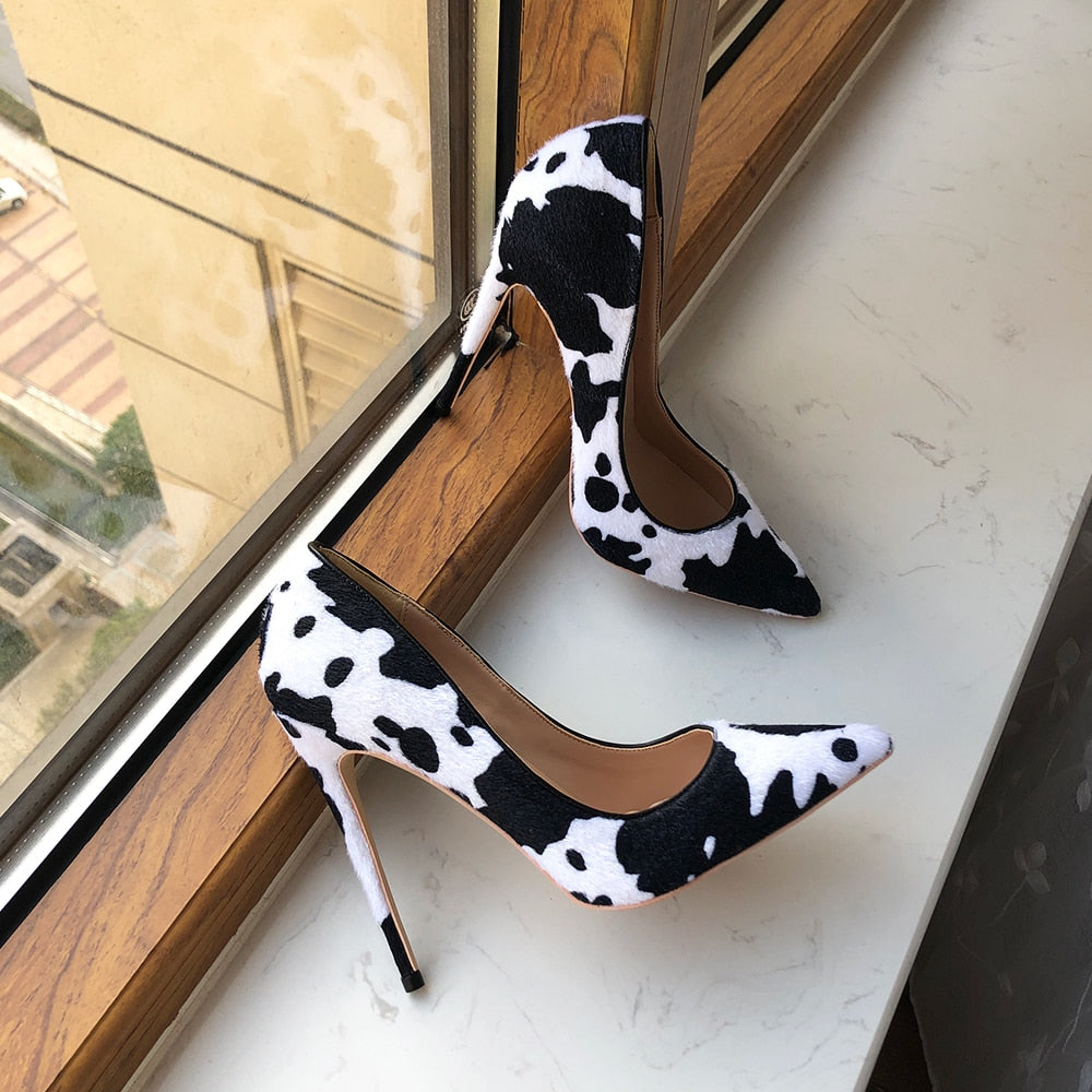 White Flock Pointed-Toe Cow Printed Shoes