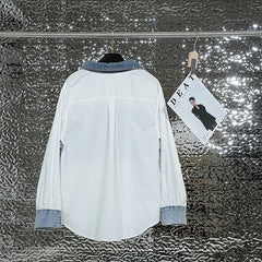 Denim Patchwork White Long Sleeve Collar Shirt
