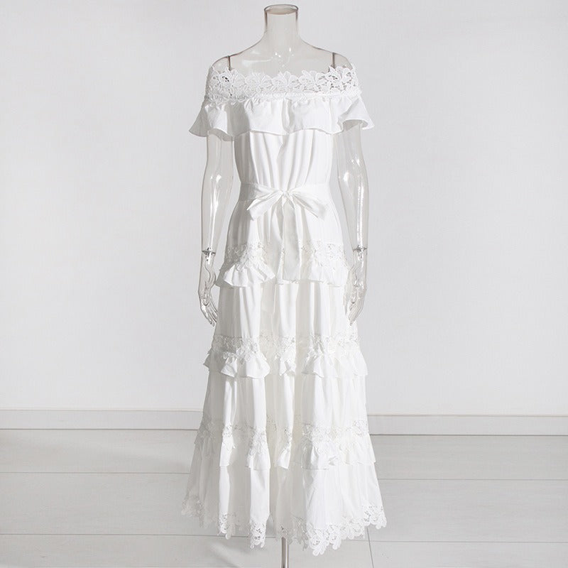Solid Lace Ruffle Edge Off Shoulder Dress