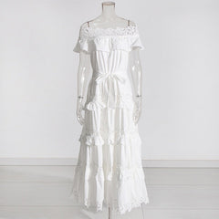 Solid Lace Ruffle Edge Off Shoulder Dress