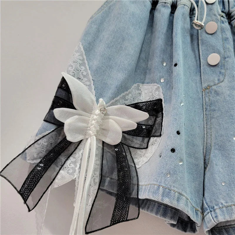 Hot Stamping 3D Butterfly Bow Wide Leg Denim Shorts