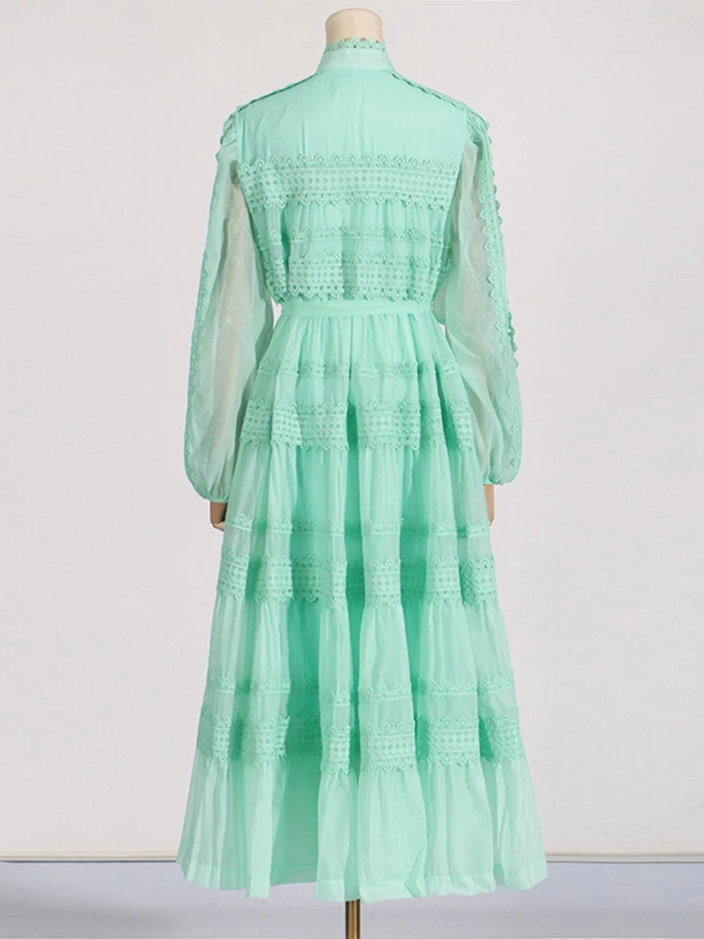 Solid Embroidery High Waist Spliced Lace Up Dress