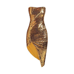 Gold Sequin Bra Split Evening Dress