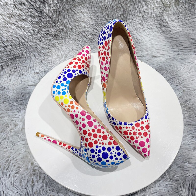 Multicolor Polka-Dots Printed Patent Pointed-Toe Shoes